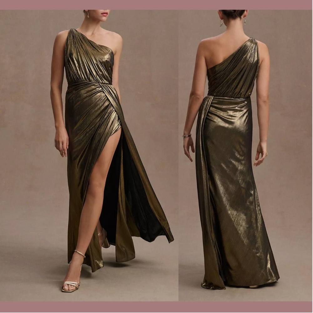 NEW $398‎ IEENA Mac Duggal [ 6 ] Metallic Draped One Shoulder Grecian Gown Gold